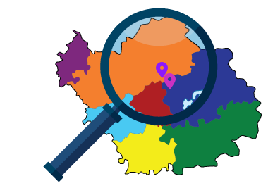 Carte régionale avec loupe et épingles des agences Marlot couverture et GM Toits